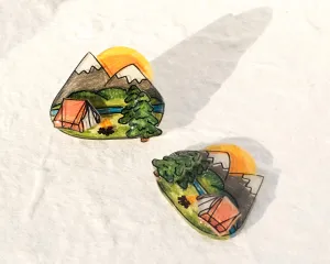 Tent Camping Scene Statement Studs / Outdoor Backpacking Mountain Nature Earrings