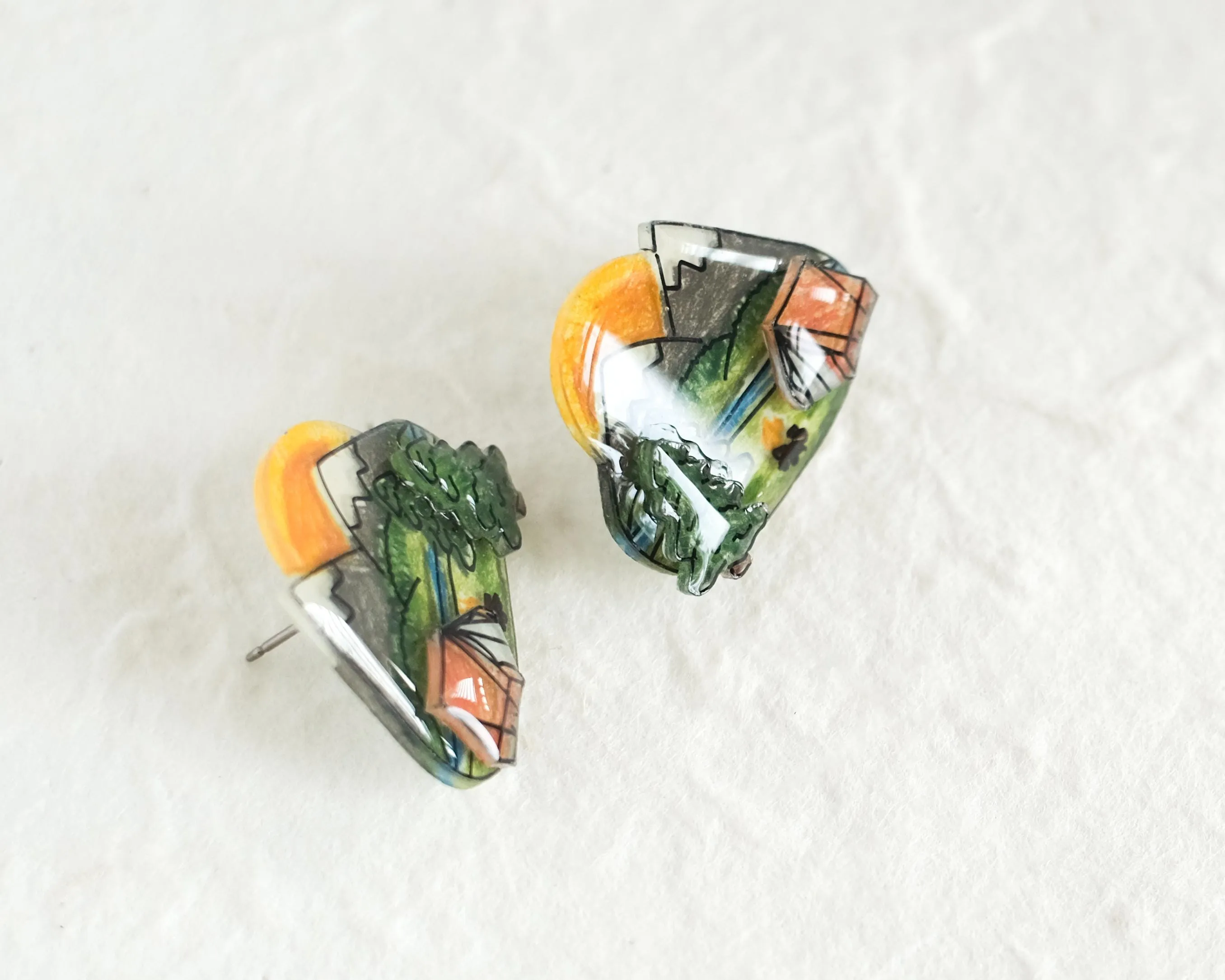 Tent Camping Scene Statement Studs / Outdoor Backpacking Mountain Nature Earrings