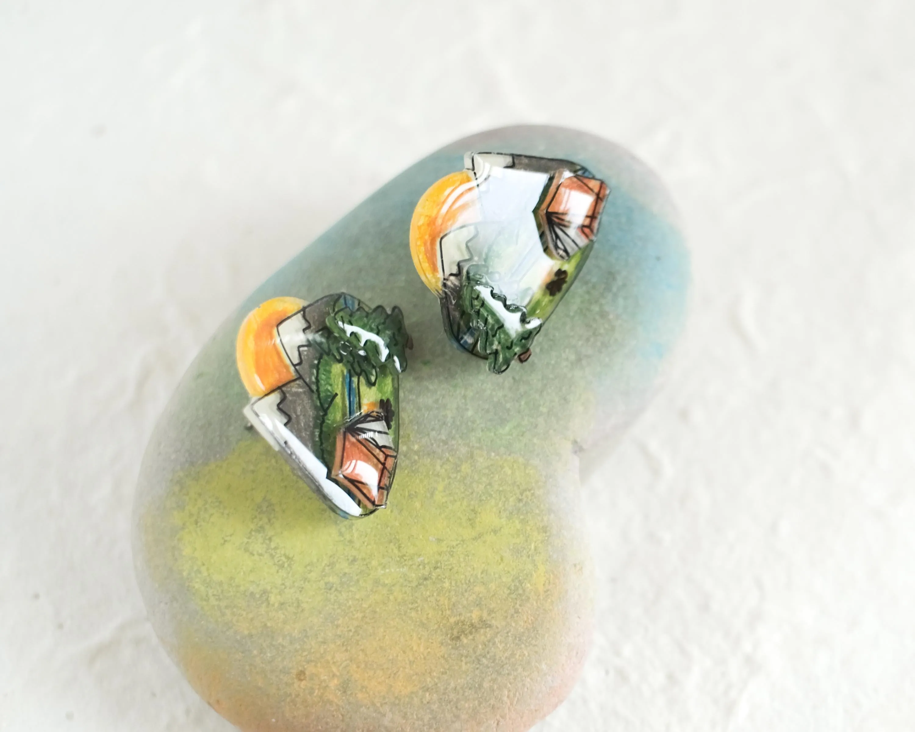 Tent Camping Scene Statement Studs / Outdoor Backpacking Mountain Nature Earrings