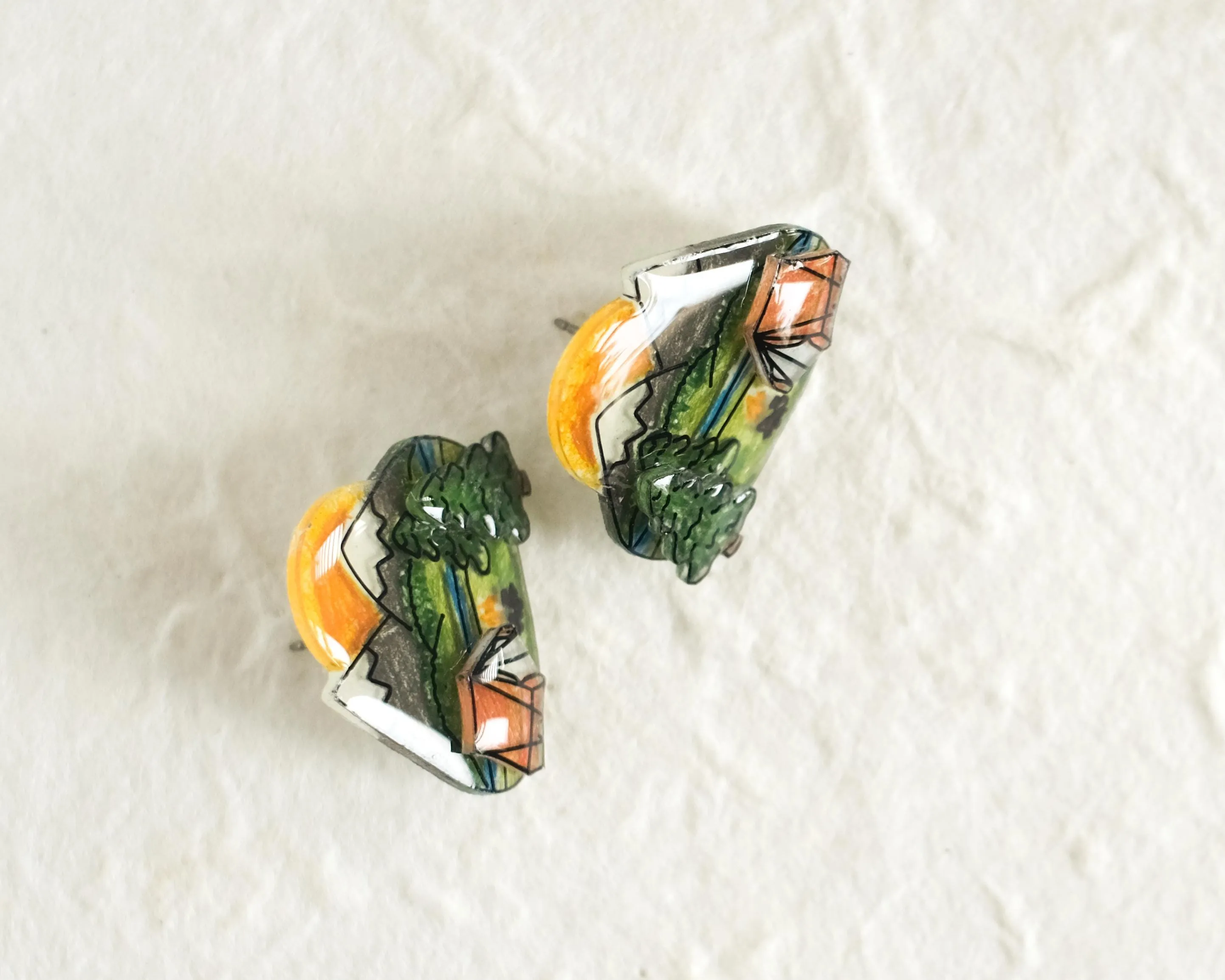 Tent Camping Scene Statement Studs / Outdoor Backpacking Mountain Nature Earrings