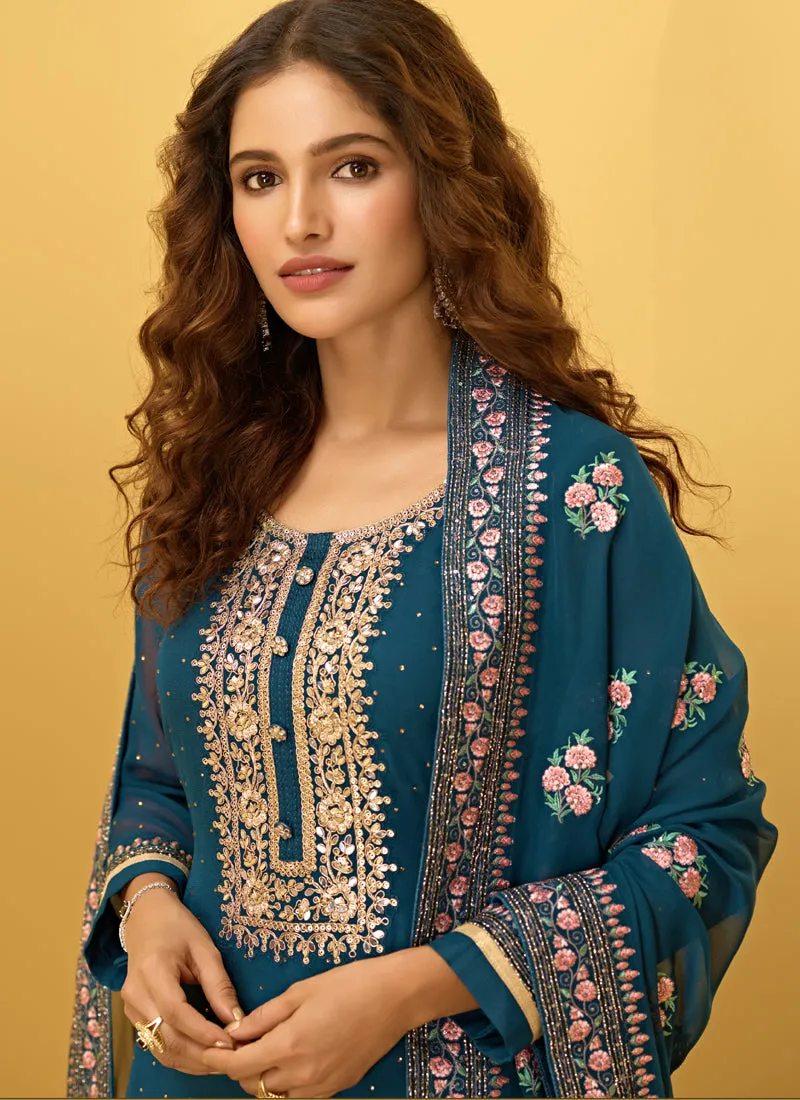 Turquoise Embroidered Designer Pant Style Suit