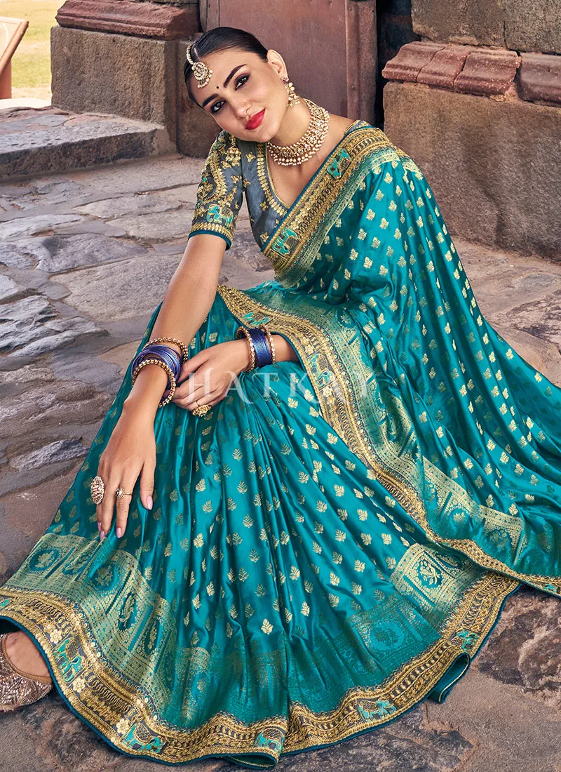 Turquoise Golden Designer Wedding Saree