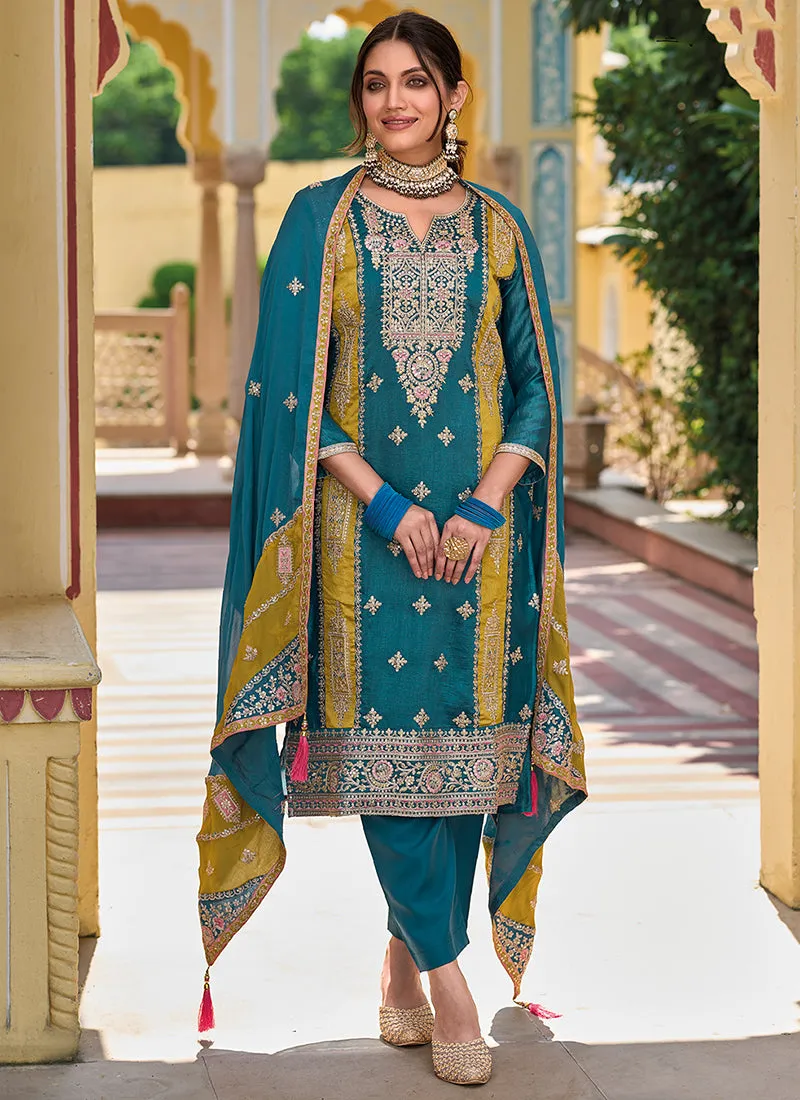 Turquoise Multi Embroidery Traditional Salwar Kameez Suit