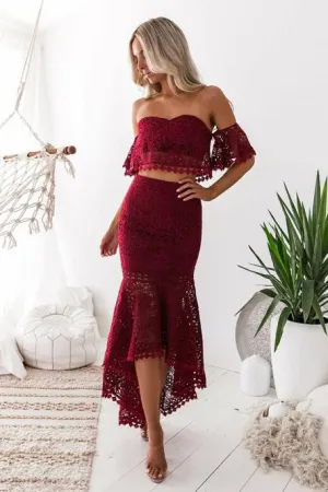 Two Piece Off-the-Shoulder Backless High Low Burgundy Lace Prom Dress OHC010