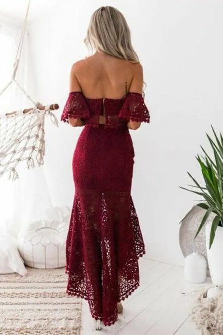 Two Piece Off-the-Shoulder Backless High Low Burgundy Lace Prom Dress OHC010