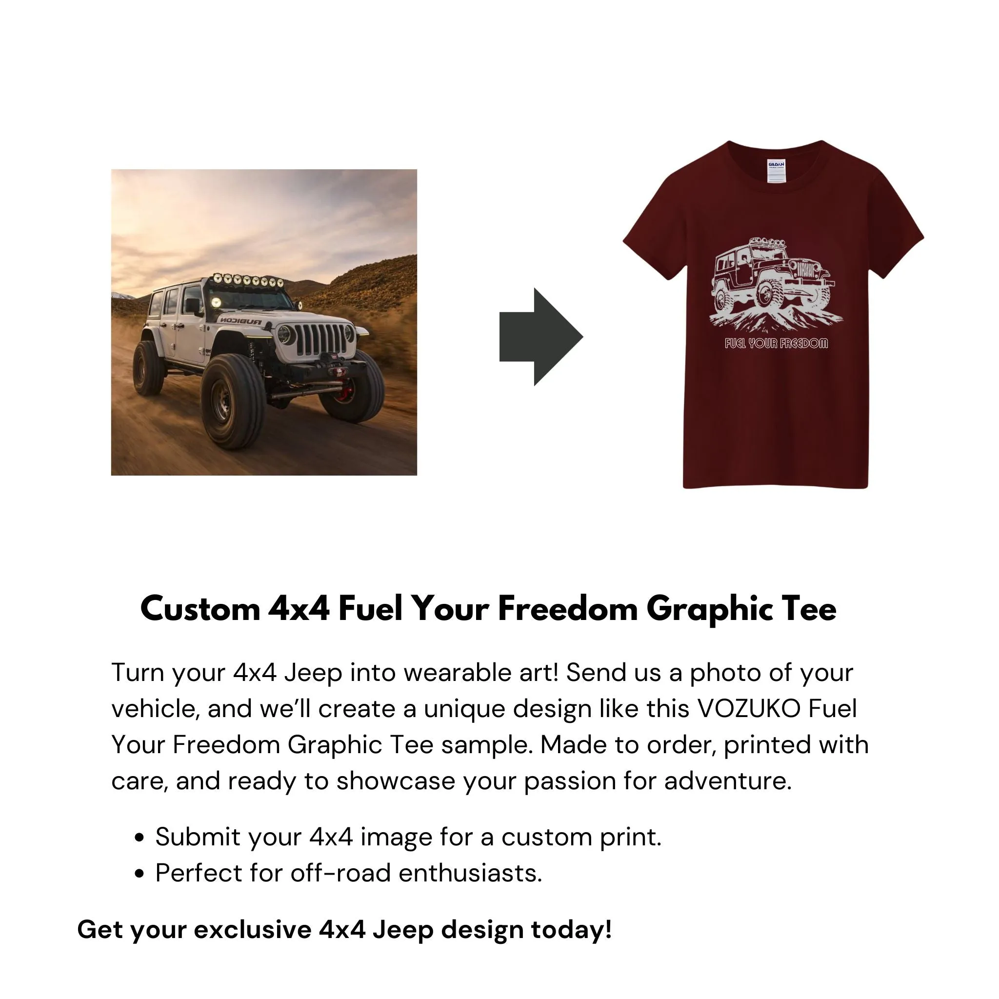 VOZUKO Custom 4x4 Jeep Fuel Your Freedom Made-to-Order Gildan Graphic Tee