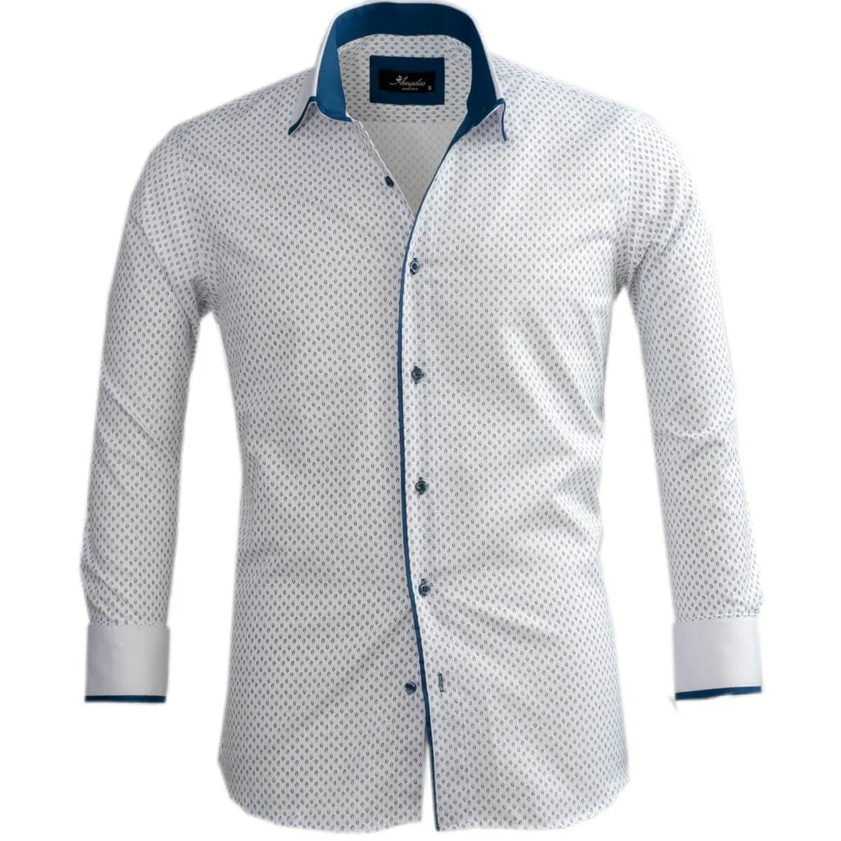 White & Blue Mens Slim Fit Designer Dress Shirt - tailored Cotton Shirts for Work and Casual Wear