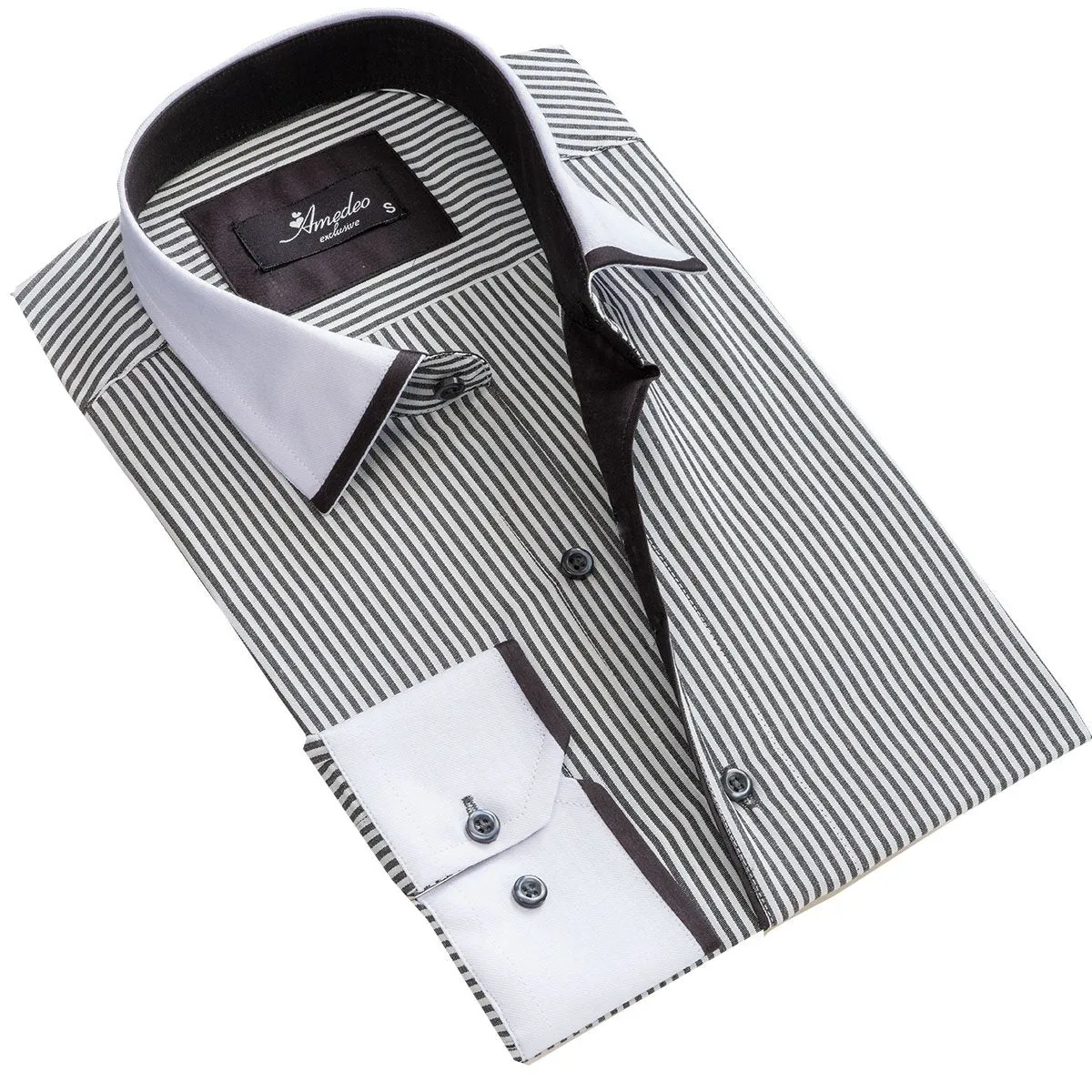 White & Grey lines Mens Slim Fit Designer Dress Shirt - tailored Cotton Shirts for Work and Casual