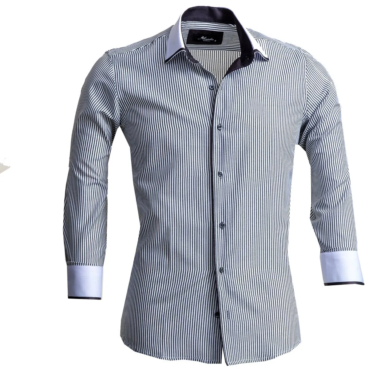 White & Grey lines Mens Slim Fit Designer Dress Shirt - tailored Cotton Shirts for Work and Casual
