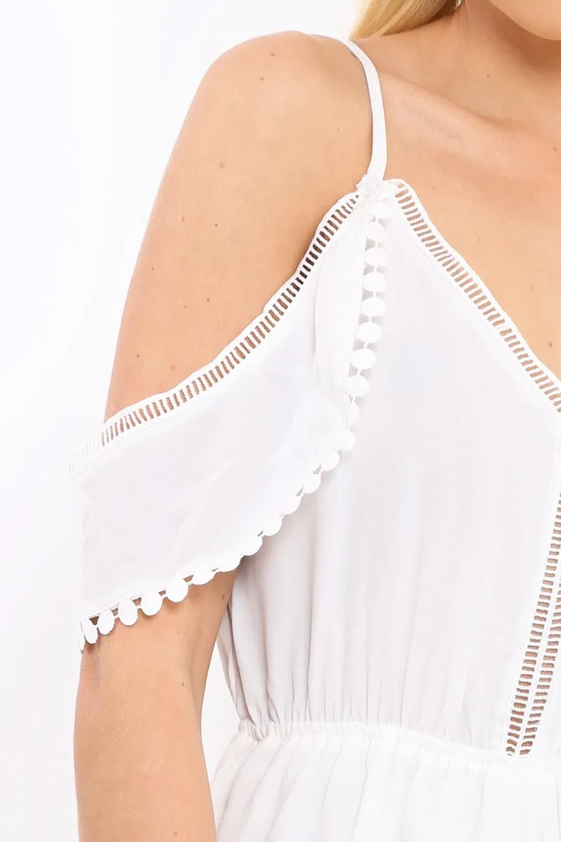 White Cold Shoulder Frill Playsuit - Lashanti