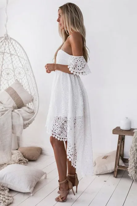 White Cold Shoulder White Pleated Hollow Out Lace High Low Party Dress Homecoming Dress OHM215
