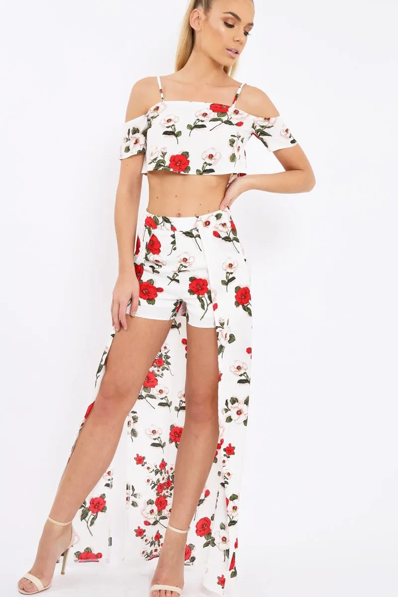 White Floral Print Cold Shoulder Frill Crop Top -  Mandi