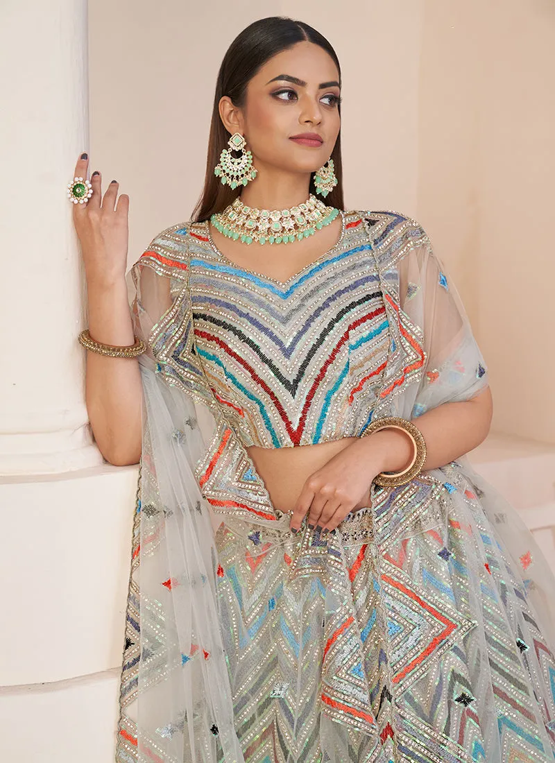 White Multi Sequence Embroidery Lehenga Choli
