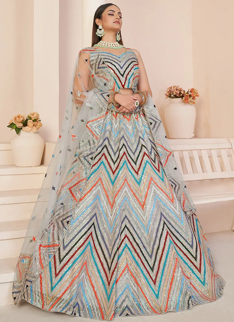 White Multi Sequence Embroidery Lehenga Choli