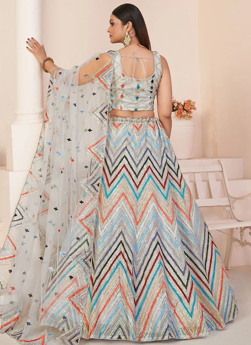 White Multi Sequence Embroidery Lehenga Choli