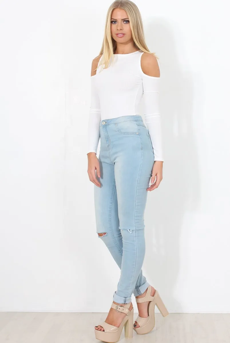 White Ribbed Cold Shoulder Bodysuit - Gigi