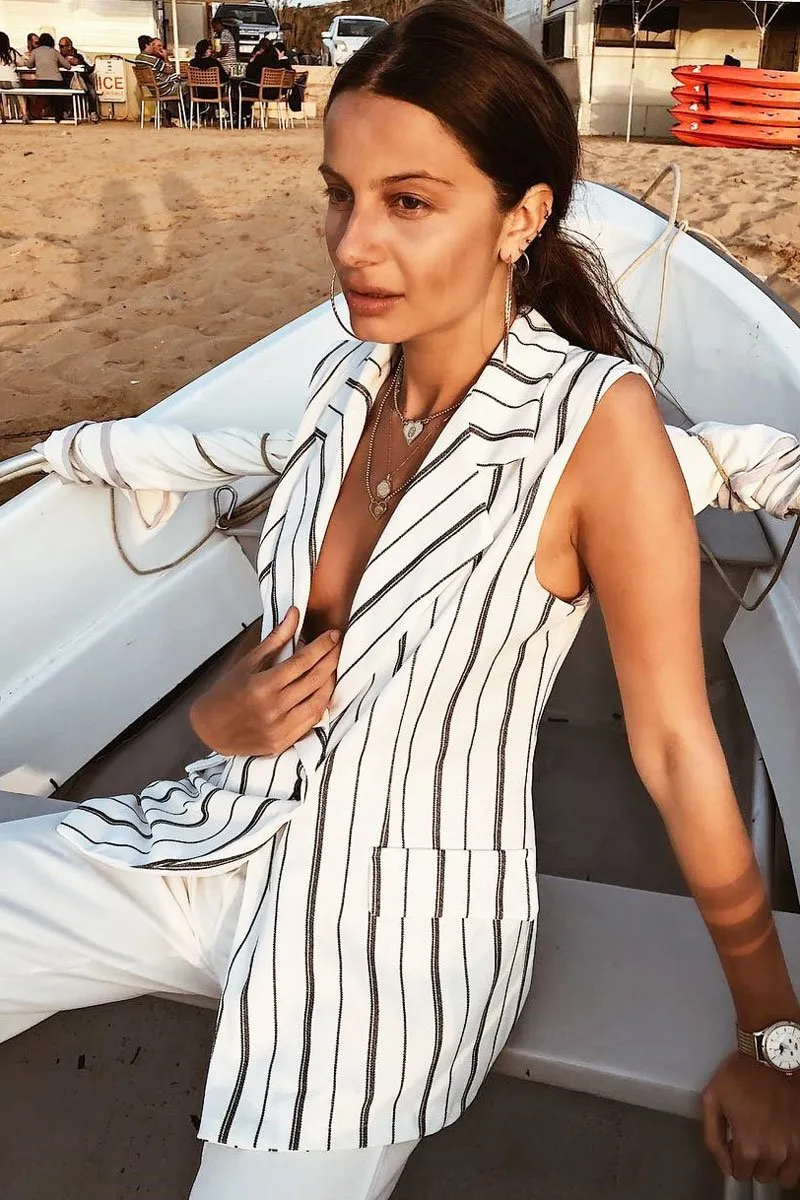 White Stripe Sleeveless Blazer - Sherley