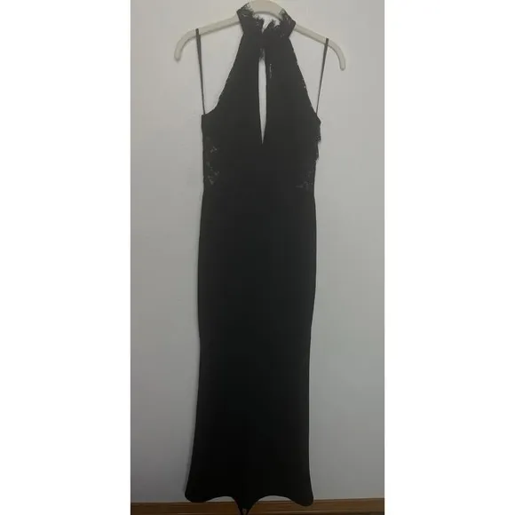 Windsor Small Lace Halter Maxi Dress Black Plunging Neck Cut Out Back Slit