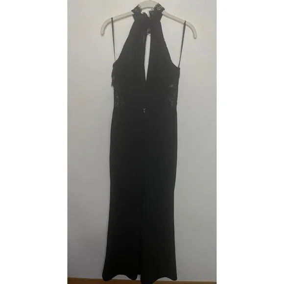Windsor Small Lace Halter Maxi Dress Black Plunging Neck Cut Out Back Slit