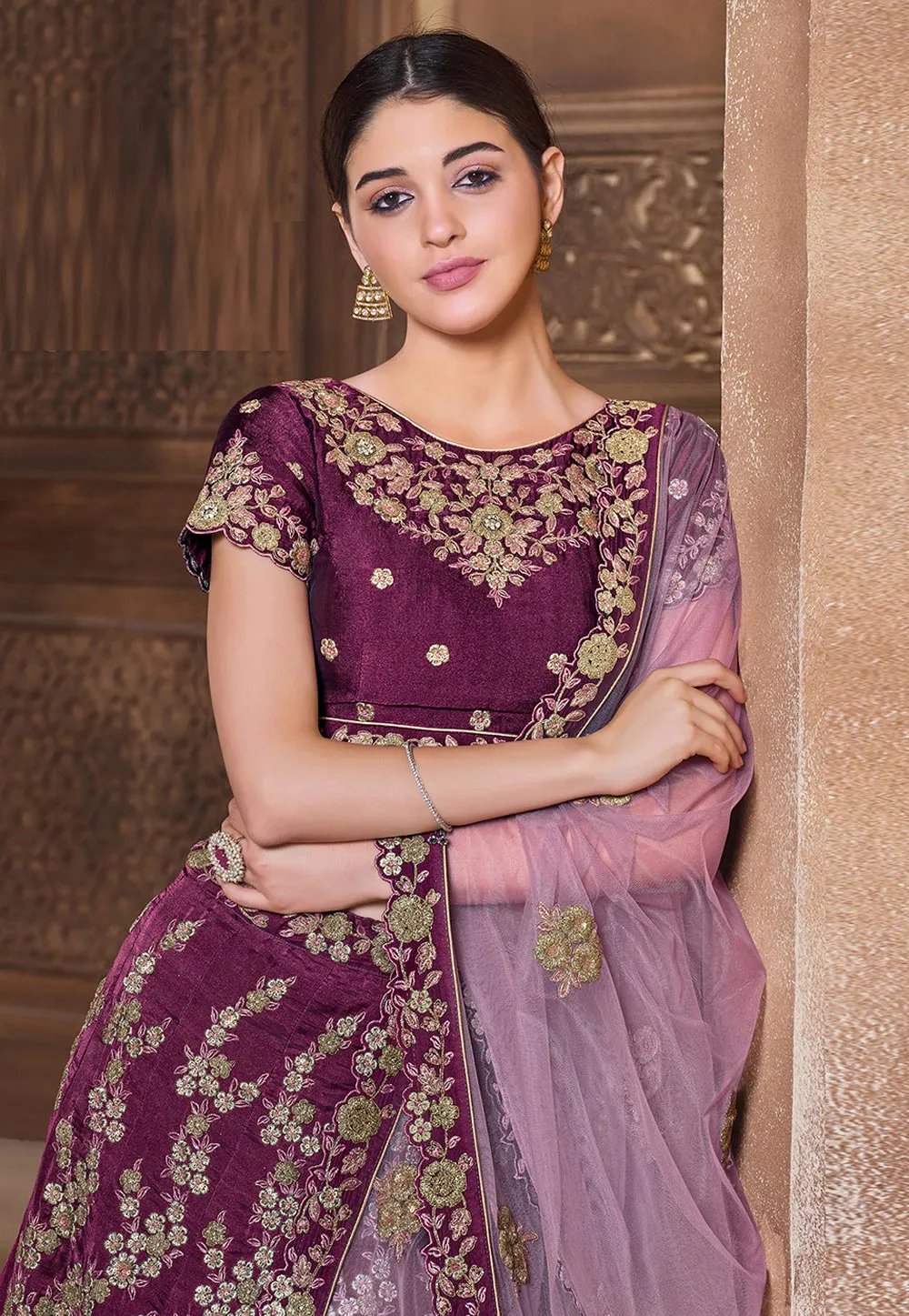 Wine Floral Embroidered Lehenga Choli