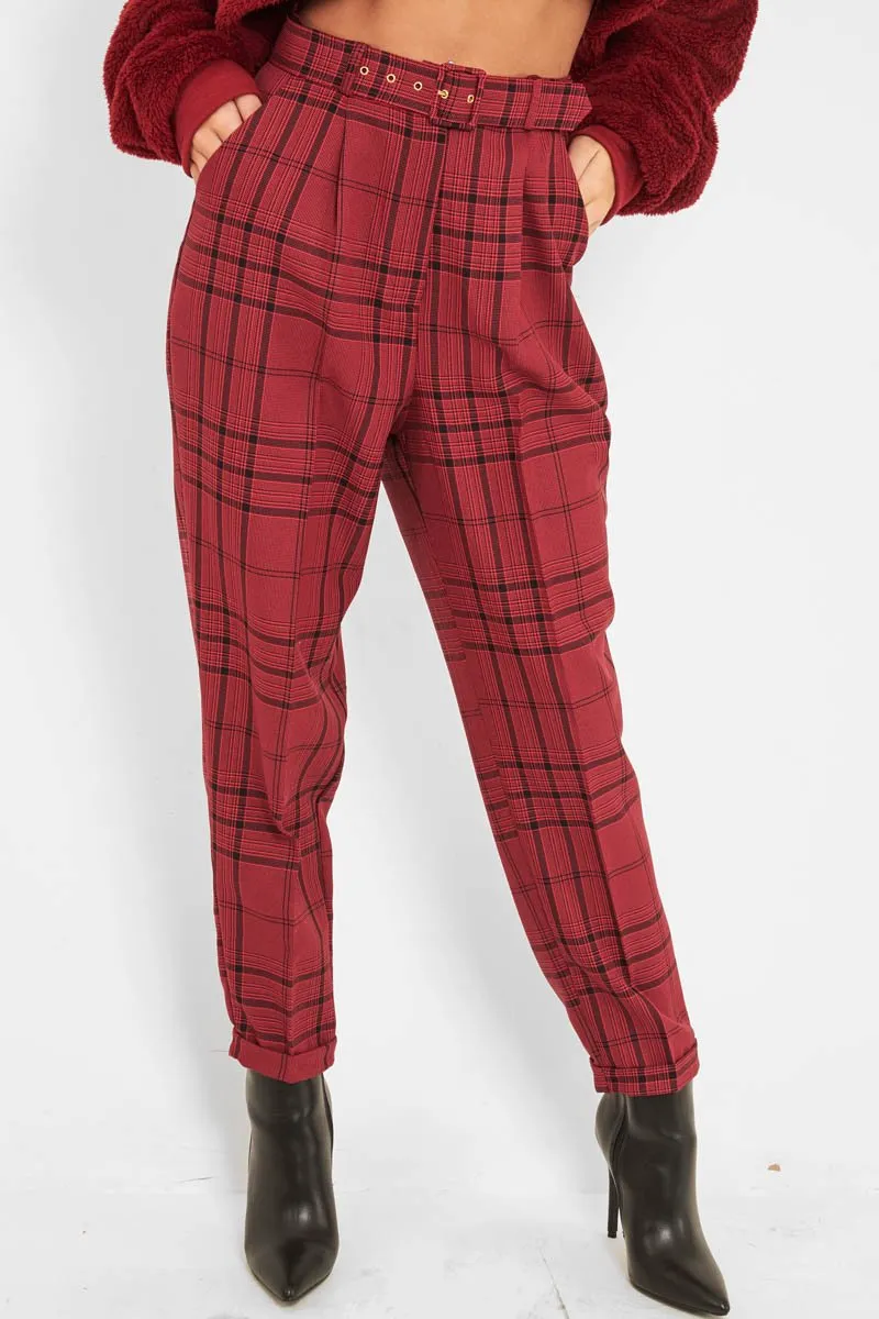 Wine Tartan High Waist Tapered Cigarette Trousers - Maddy