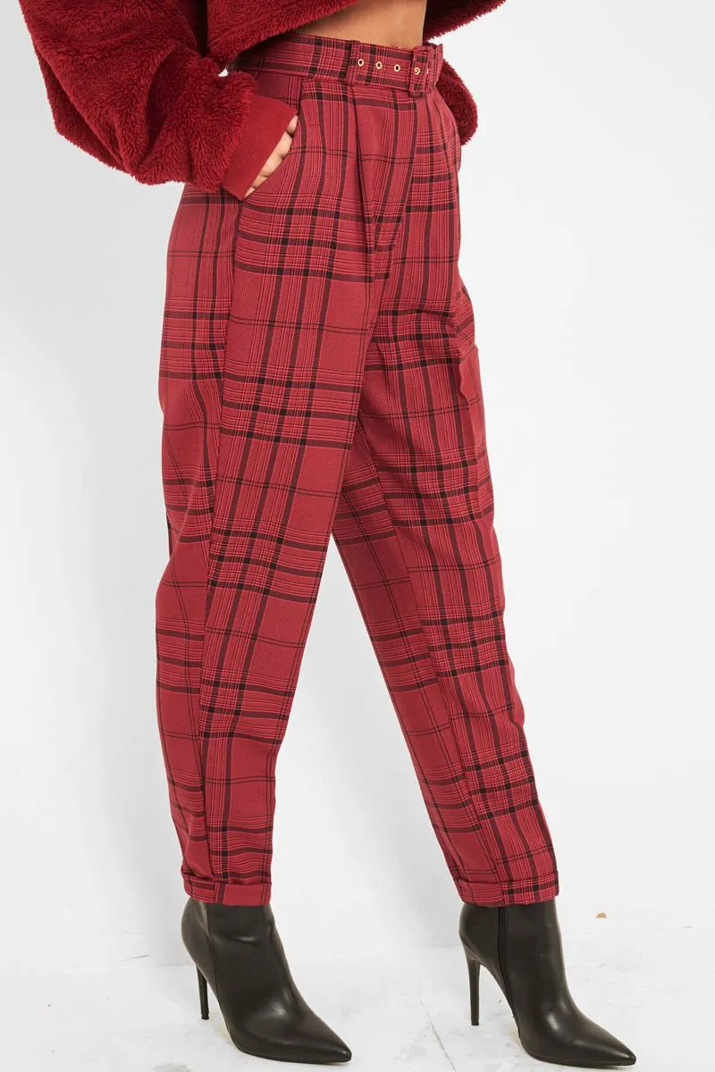 Wine Tartan High Waist Tapered Cigarette Trousers - Maddy