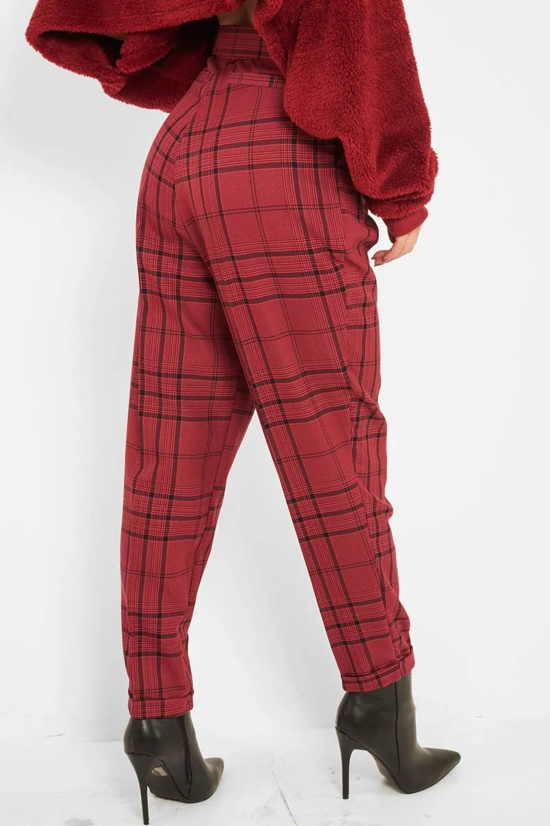Wine Tartan High Waist Tapered Cigarette Trousers - Maddy