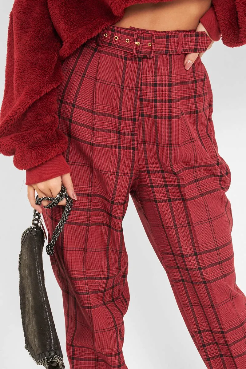 Wine Tartan High Waist Tapered Cigarette Trousers - Maddy