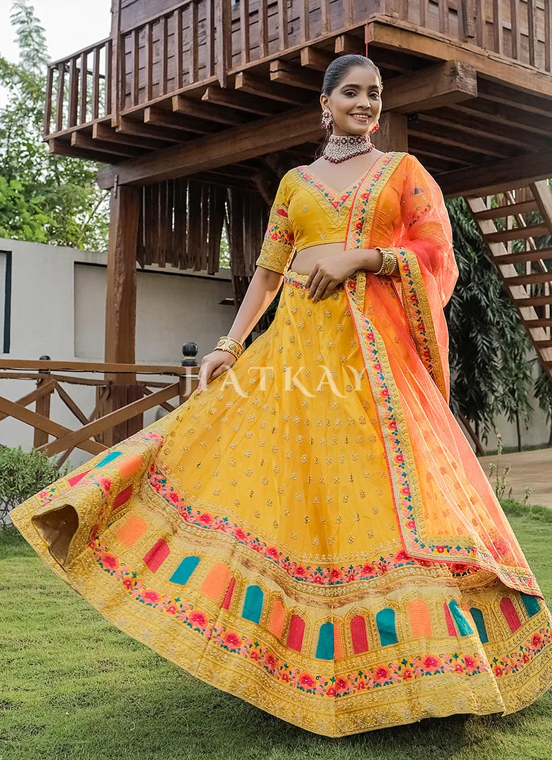 Yellow And Orange Multi Embroidery Silk Lehenga Choli