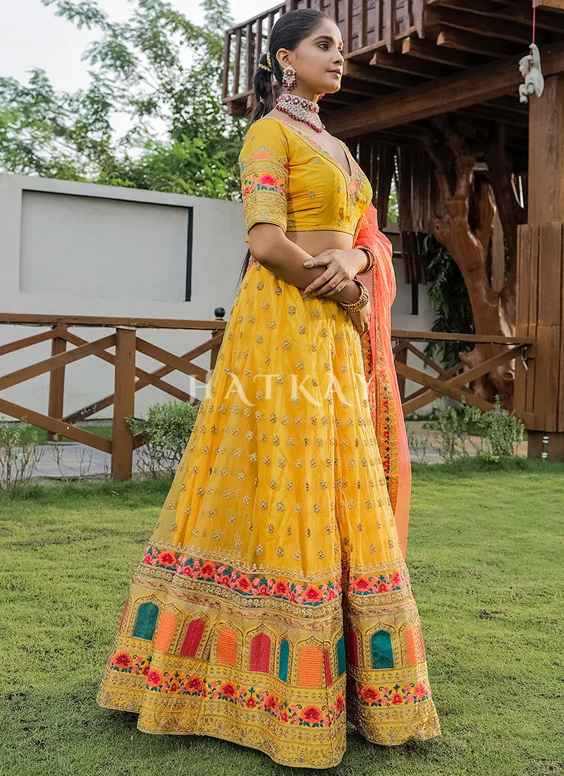 Yellow And Orange Multi Embroidery Silk Lehenga Choli