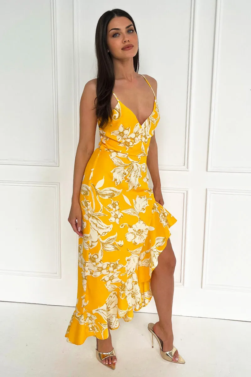 Yellow Floral Printed Strappy High Low Frill Hem Midi Dress