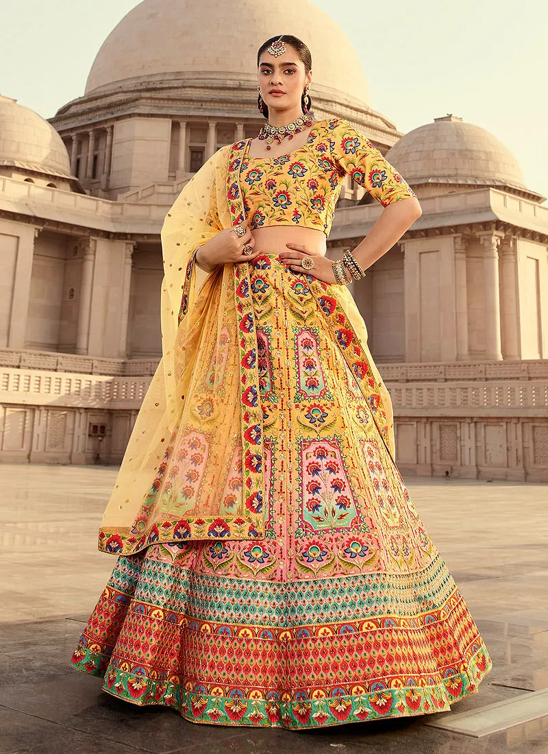 Yellow Multicoloured Traditional Embroidered Lehenga Choli