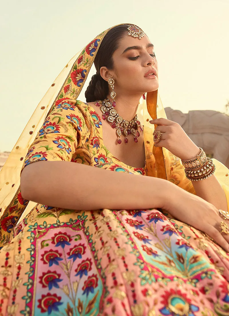 Yellow Multicoloured Traditional Embroidered Lehenga Choli
