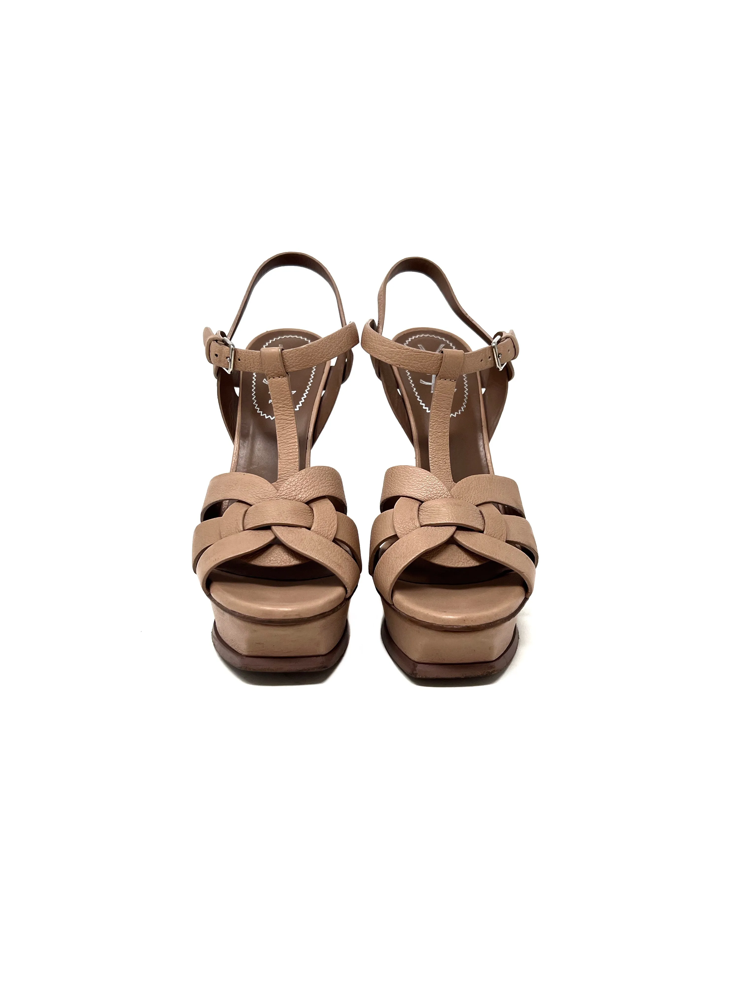 Yves Saint Laurent Size 37.5 'Tribute' Leather Woven Wood Heel