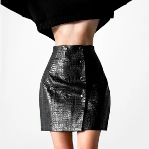 Zara Black Crocodile Faux Leather Button Front High Waisted Mini Skirt Size XS/S