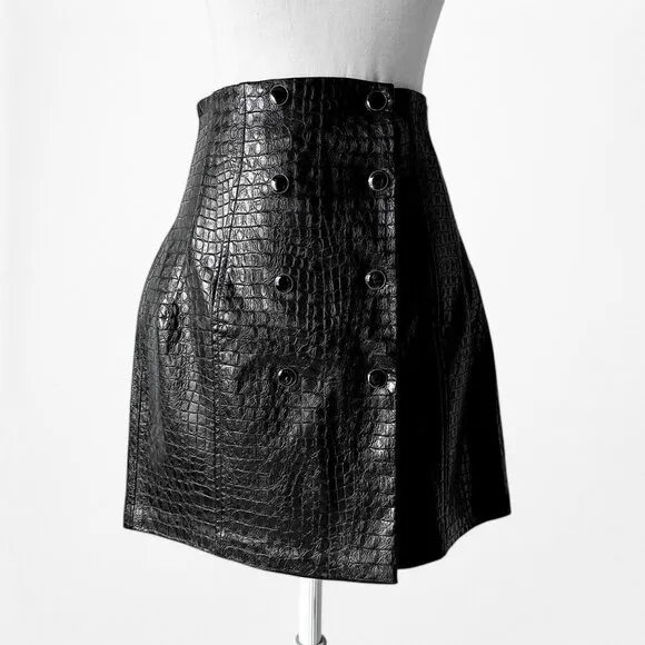 Zara Black Crocodile Faux Leather Button Front High Waisted Mini Skirt Size XS/S