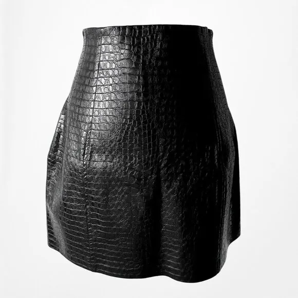 Zara Black Crocodile Faux Leather Button Front High Waisted Mini Skirt Size XS/S